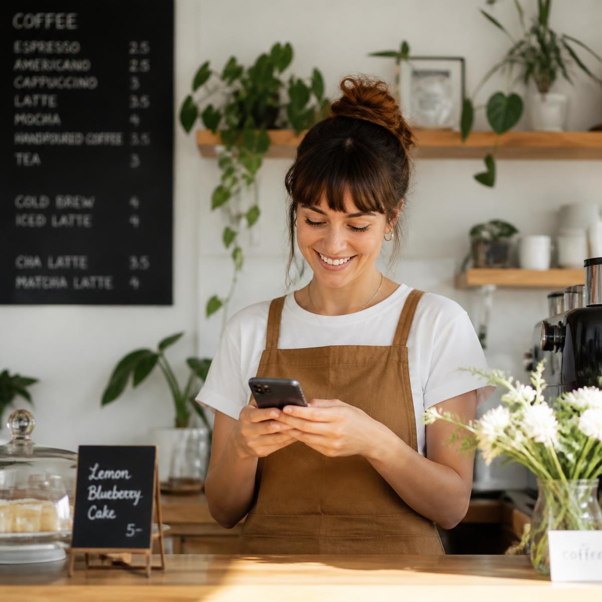 Cafe owner replying to a Google review from her phone behind the counter